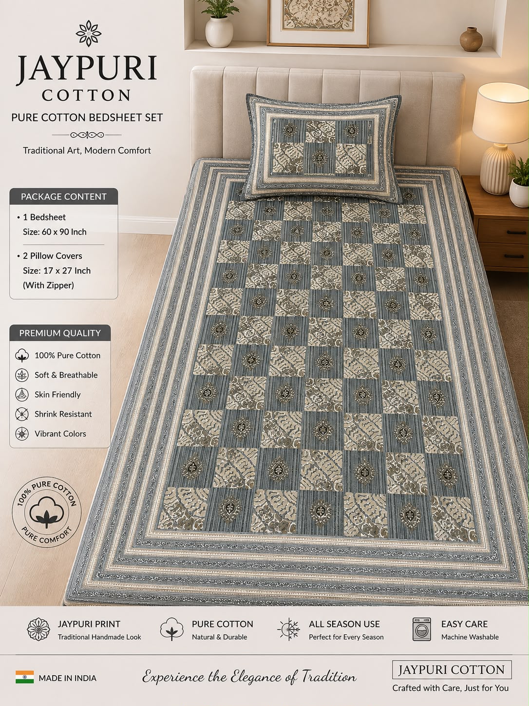 single bed 🛏️ 60×90 Inch Bedsheet | 🛌 2 Pillow Covers 17×27 Inch