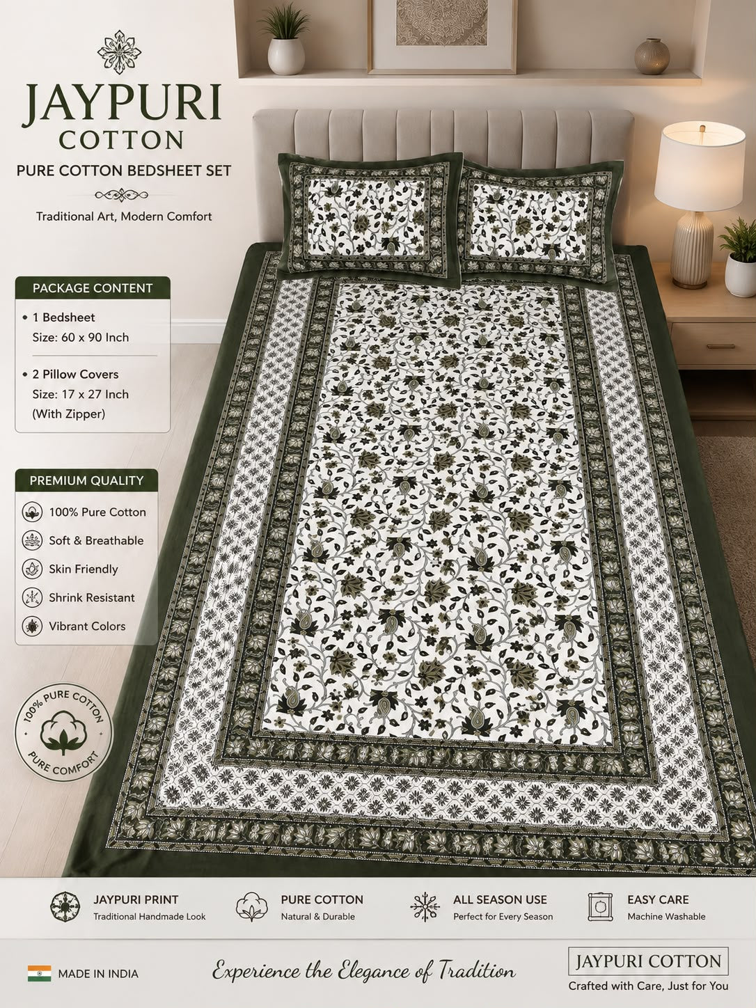single bed 🛏️ 60×90 Inch Bedsheet | 🛌 2 Pillow Covers 17×27 Inch